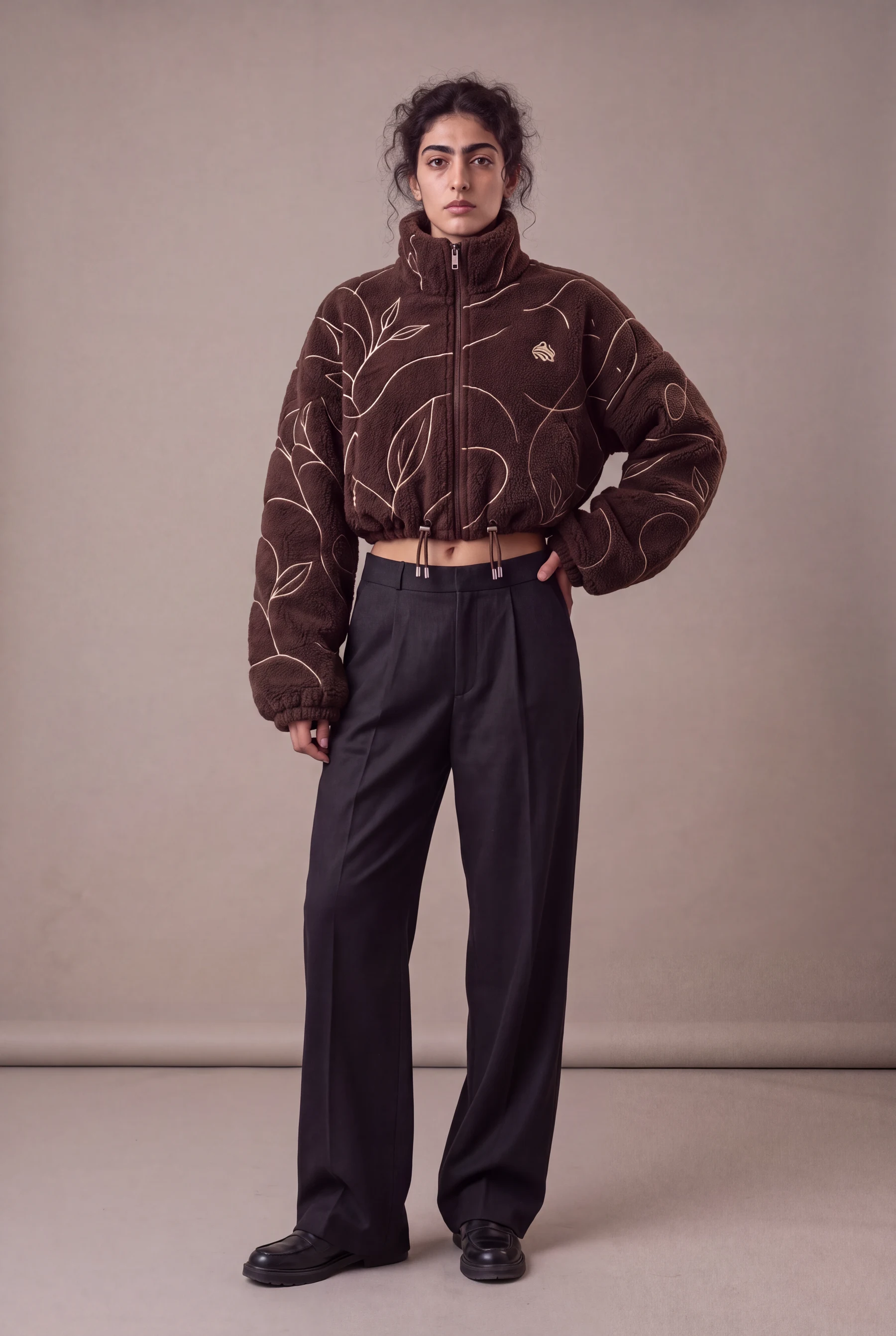 Cropped Line Fleece Jacket — Chocolate / Ivory
